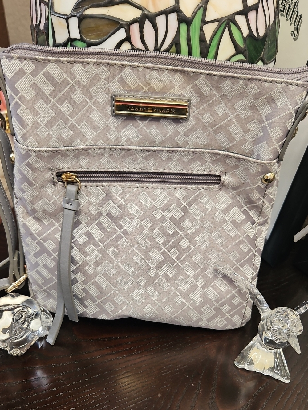 Tommy Hilfiger Light Gray Jacquard Crossbody Bag with Gold Hardware